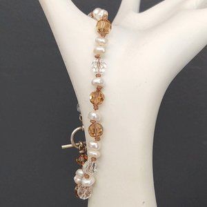 Pearl, light brown & clear crystal bracelet